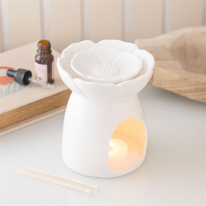 Quemador de wax melts artesanal con diseño de peonía blanca, para decorar y aromatizar el hogar