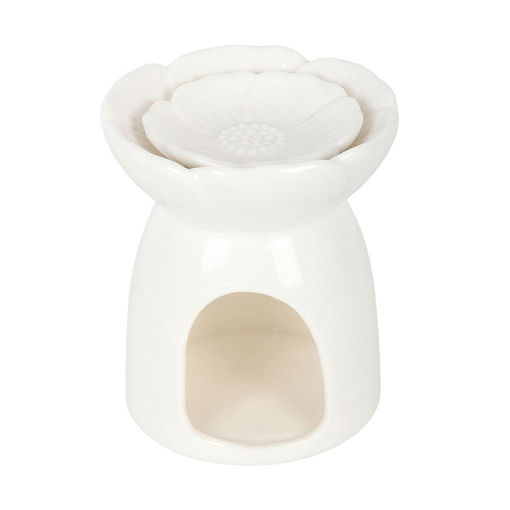 Quemador artesanal de wax melts con motivo de peonía blanca, pieza decorativa y funcional para el hogar