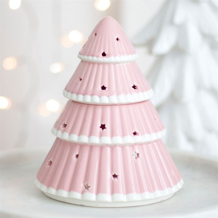 Quemador de wax melts con forma de árbol de Navidad, vista frontal sobre fondo claro, diseño artesanal navideño y decorativo