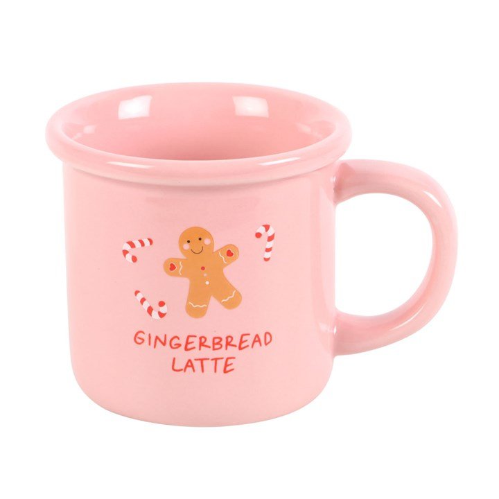 Detalle de taza rosa Gingerbread con acabado artesanal y motivo navideño, perfecta como vela y luego como taza reutilizable